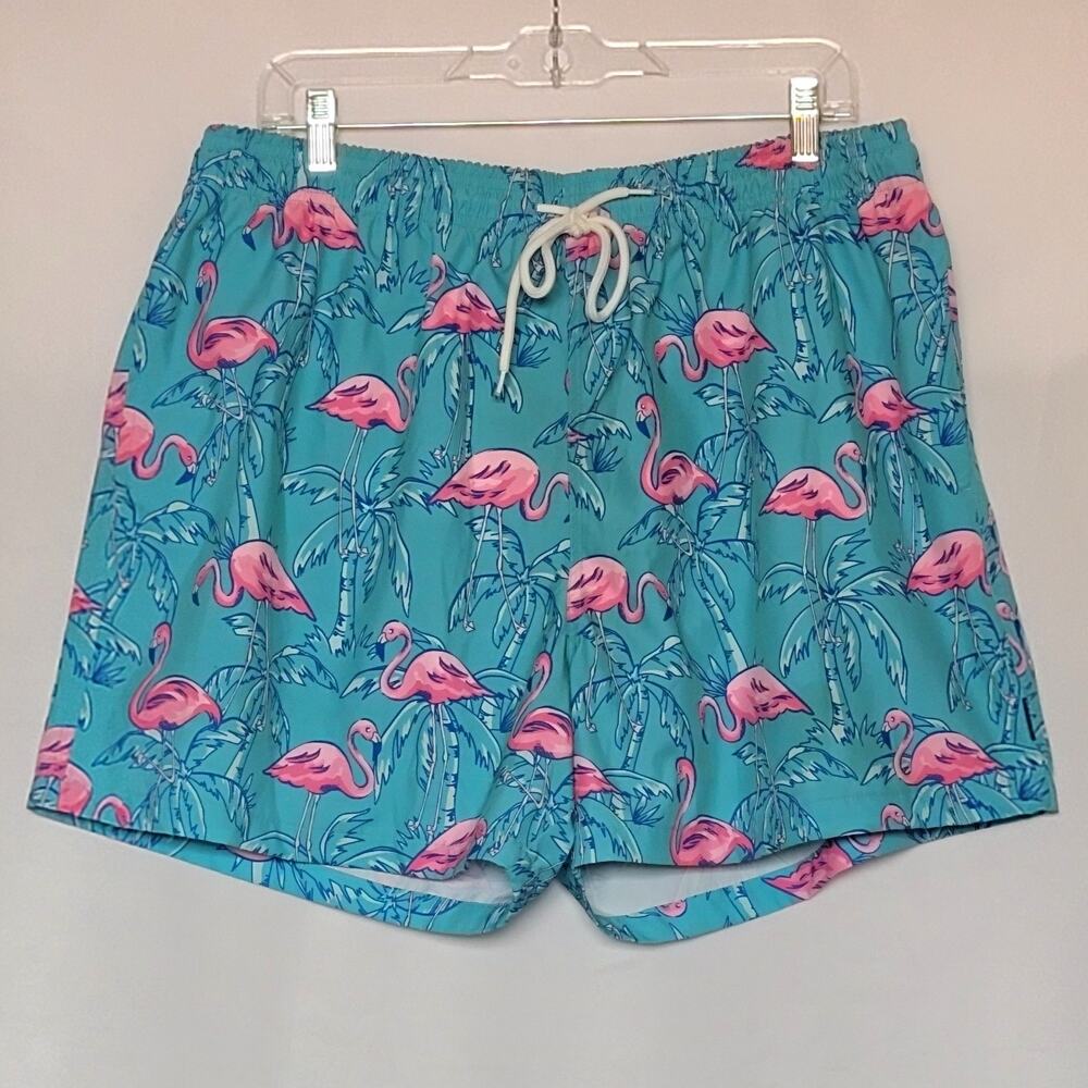 Hot Coals Mens Lined Board Shorts or Swim Trunks Tropical Teal Flamingos Sz: XL